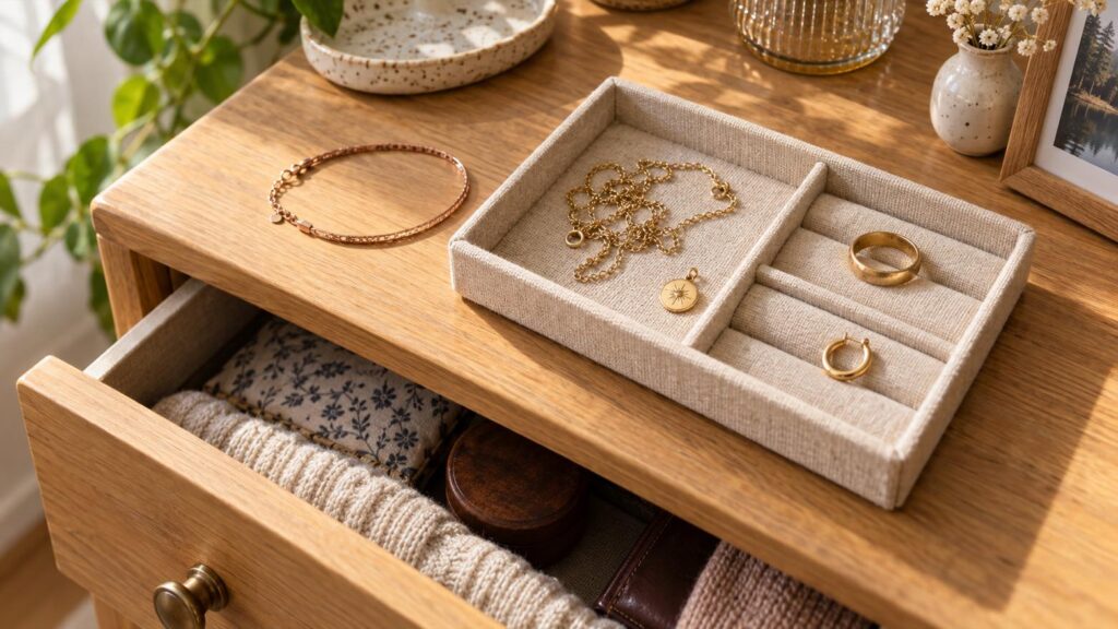 Old gold jewellery, including a chain, ring and single earring, in a linen tray on a wooden dresser.