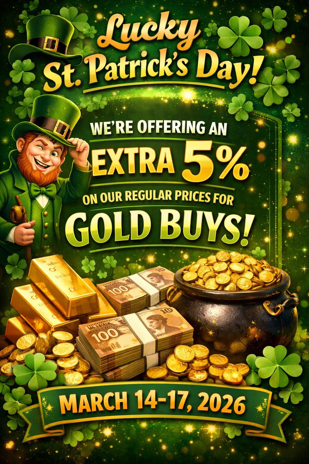St. Patrick’s Day promotion poster with gold coins and shamrocks